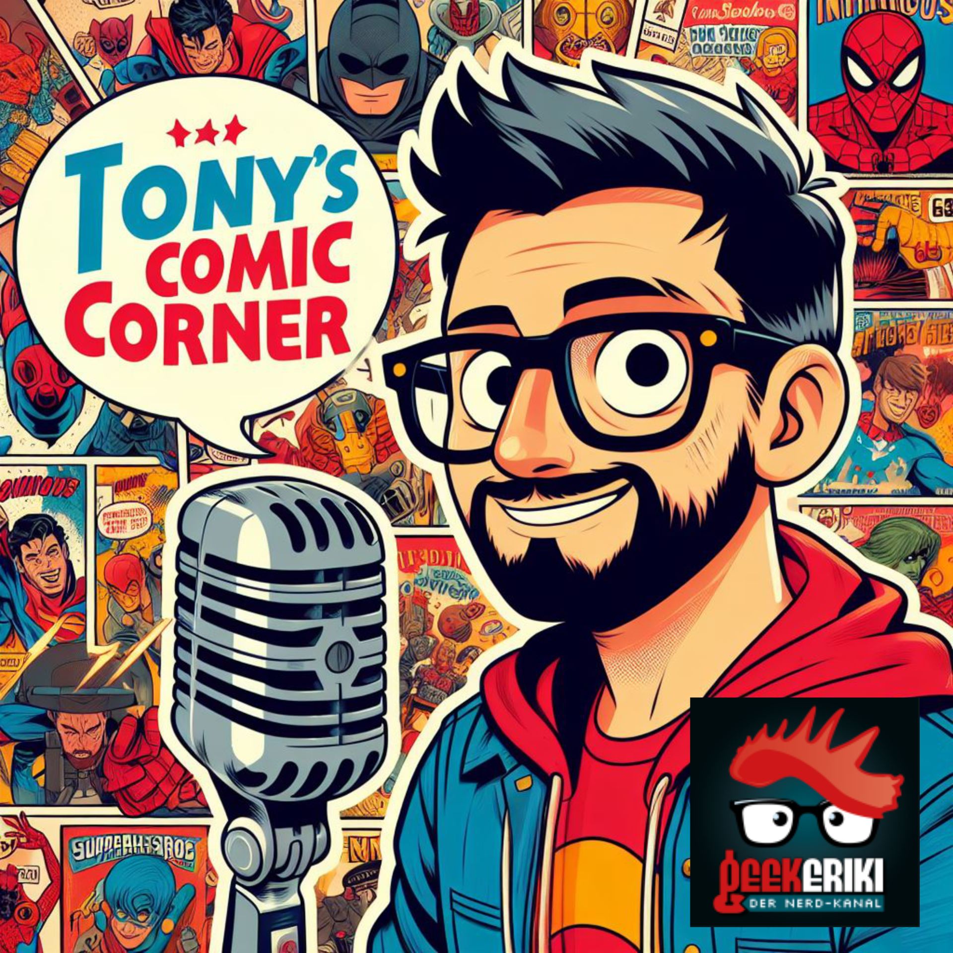 Auf dem Cover von Tonys Comic Corner ist ein Mann mit schwarzen Haaren, Bart und Brille zu sehen. Links von ihm ein Mikrofon.